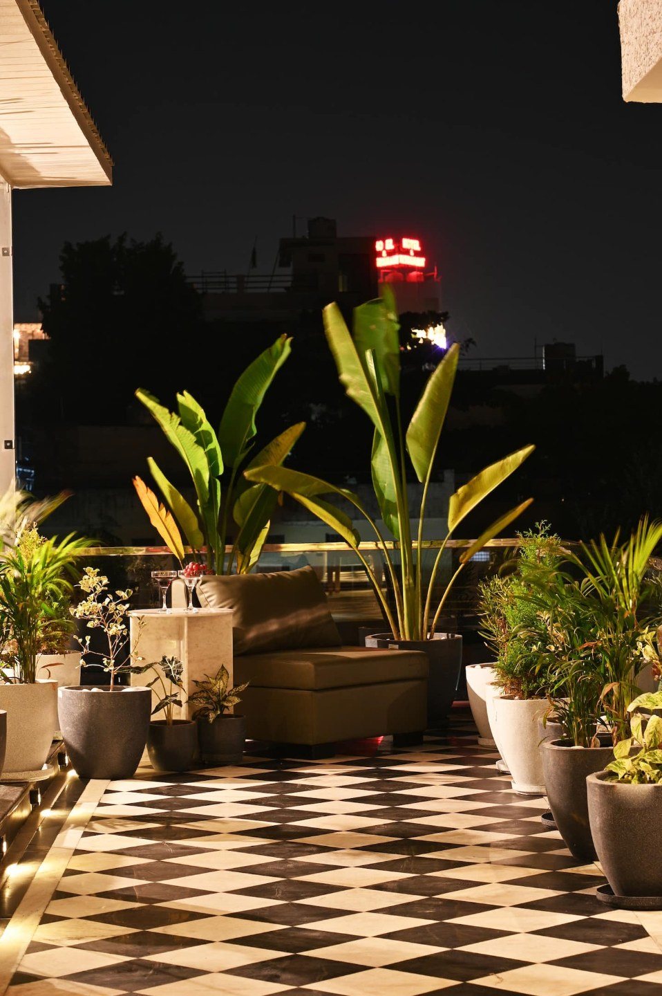 Terrace lounge at Casa Idana lit up at night